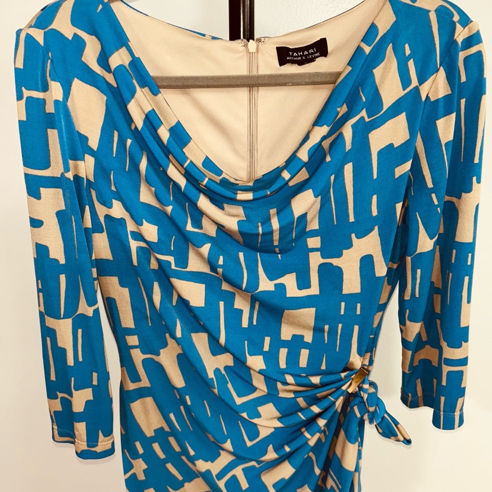 Tahari Blue and White Sheath Dress with Cowl Neck